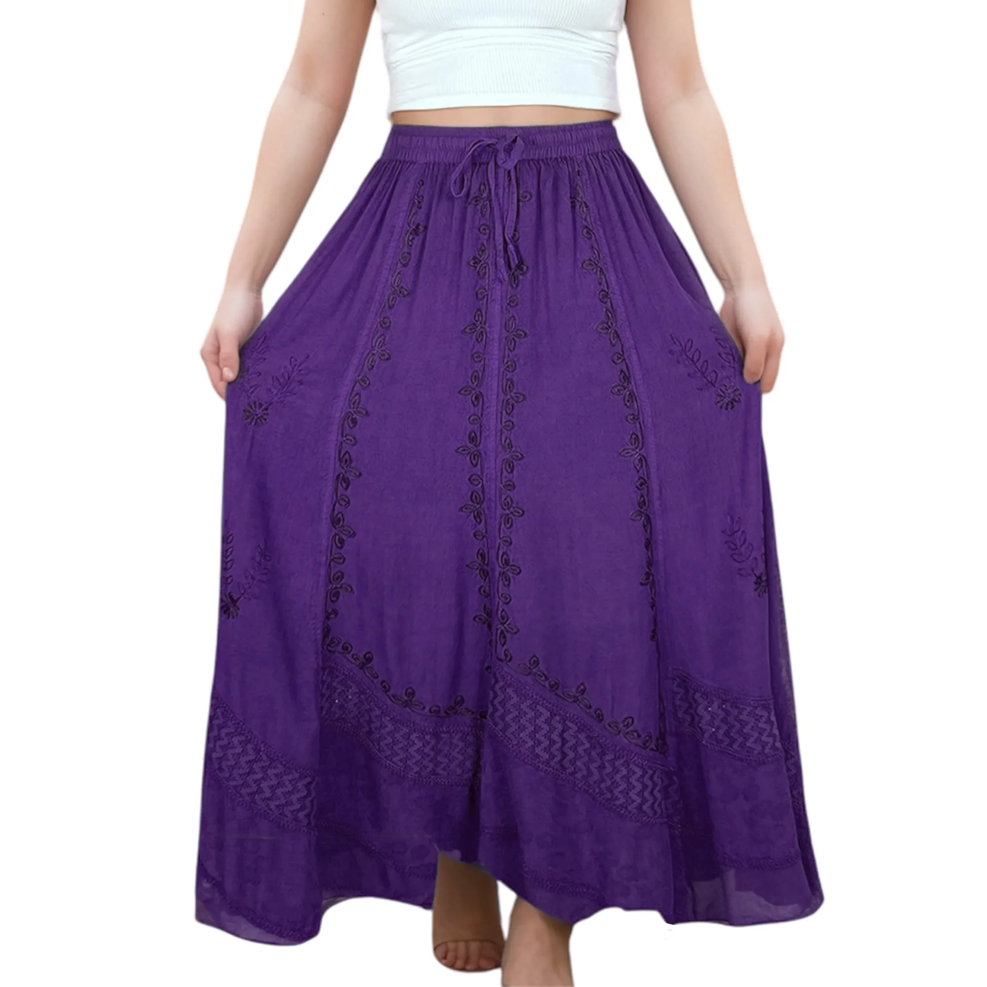 122 Skt Rayon Dazzling Flared Vintage Long Embroidered Net Skirt