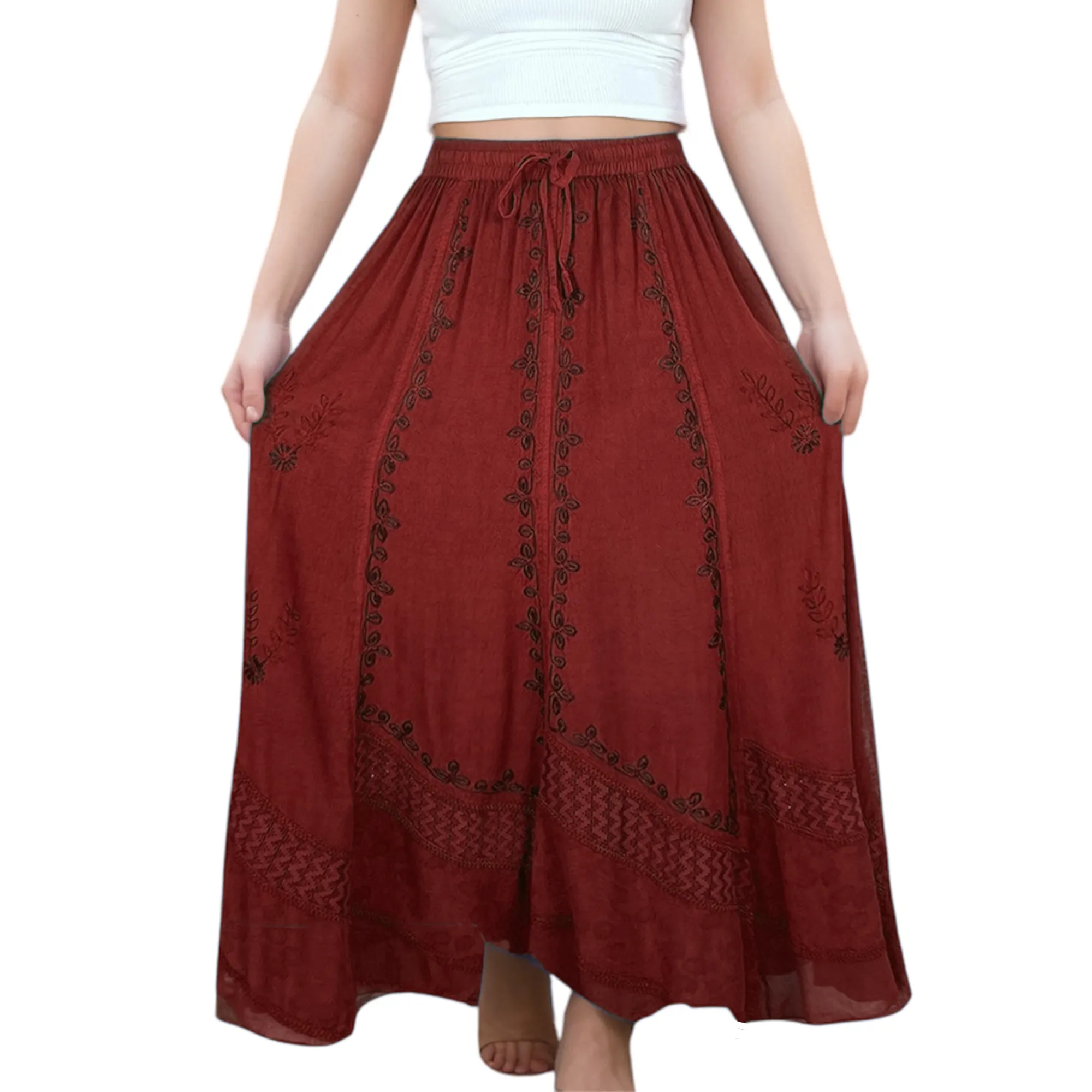 122 Skt Rayon Dazzling Flared Vintage Long Embroidered Net Skirt