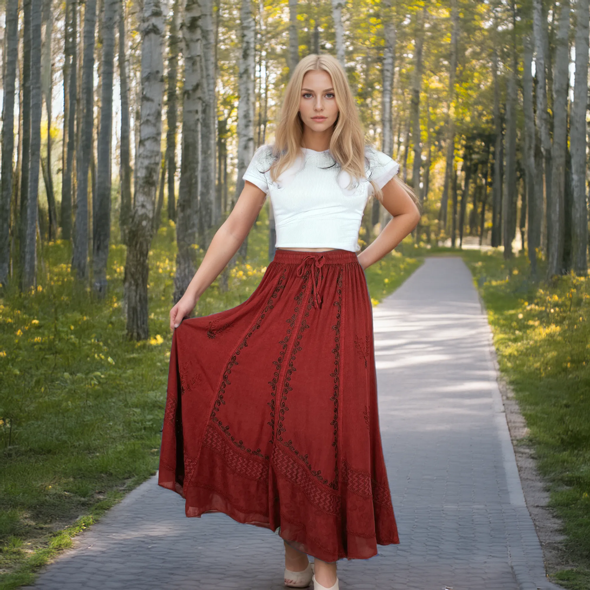 122 Skt Rayon Dazzling Flared Vintage Long Embroidered Net Skirt