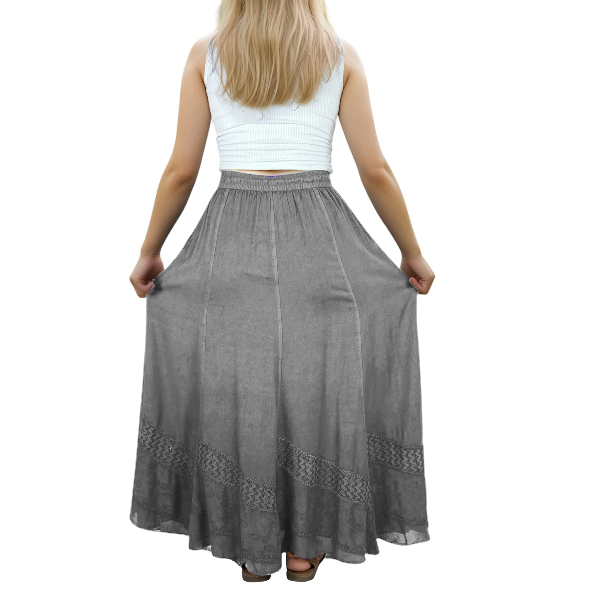 122 Skt Rayon Dazzling Flared Vintage Long Embroidered Net Skirt
