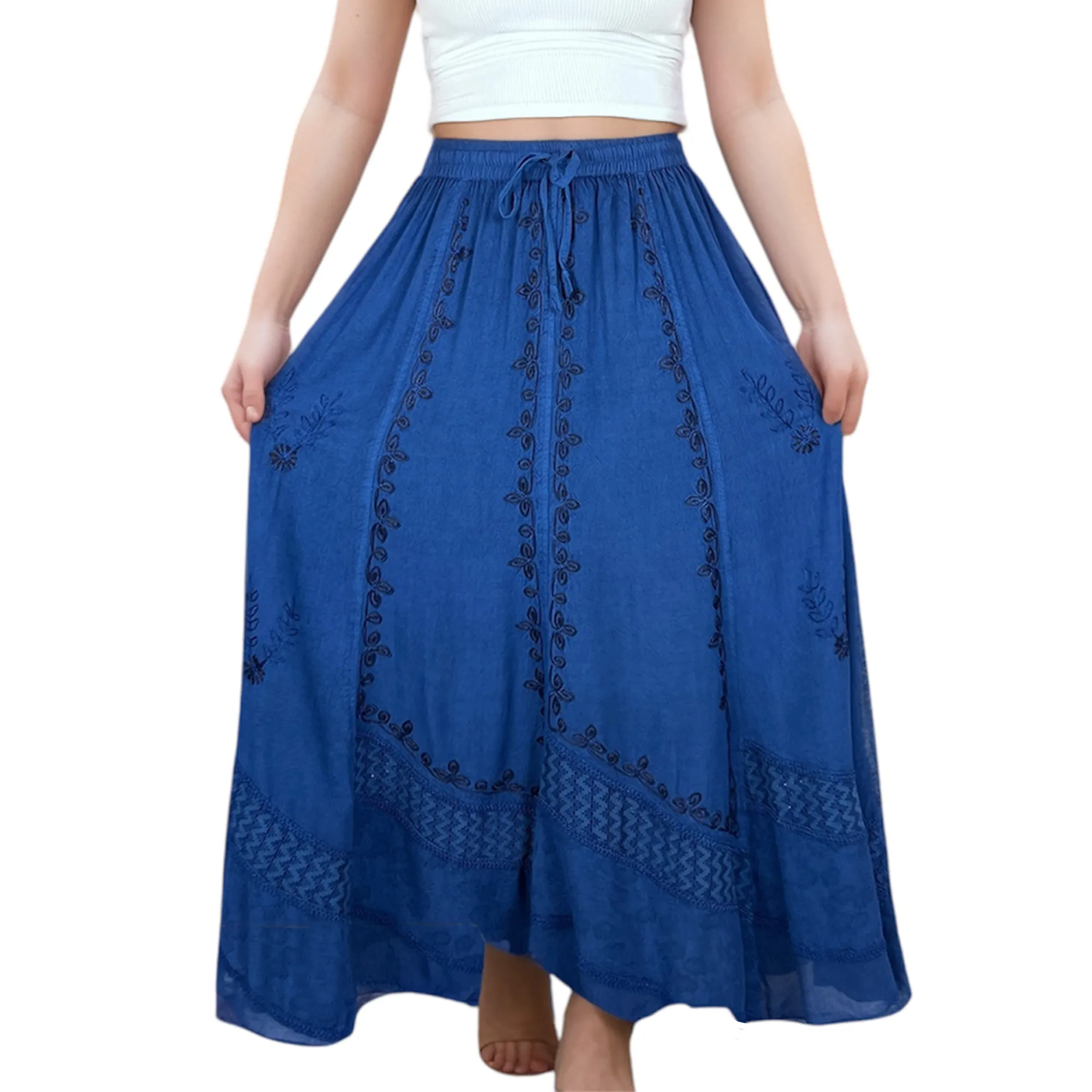 122 Skt Rayon Dazzling Flared Vintage Long Embroidered Net Skirt