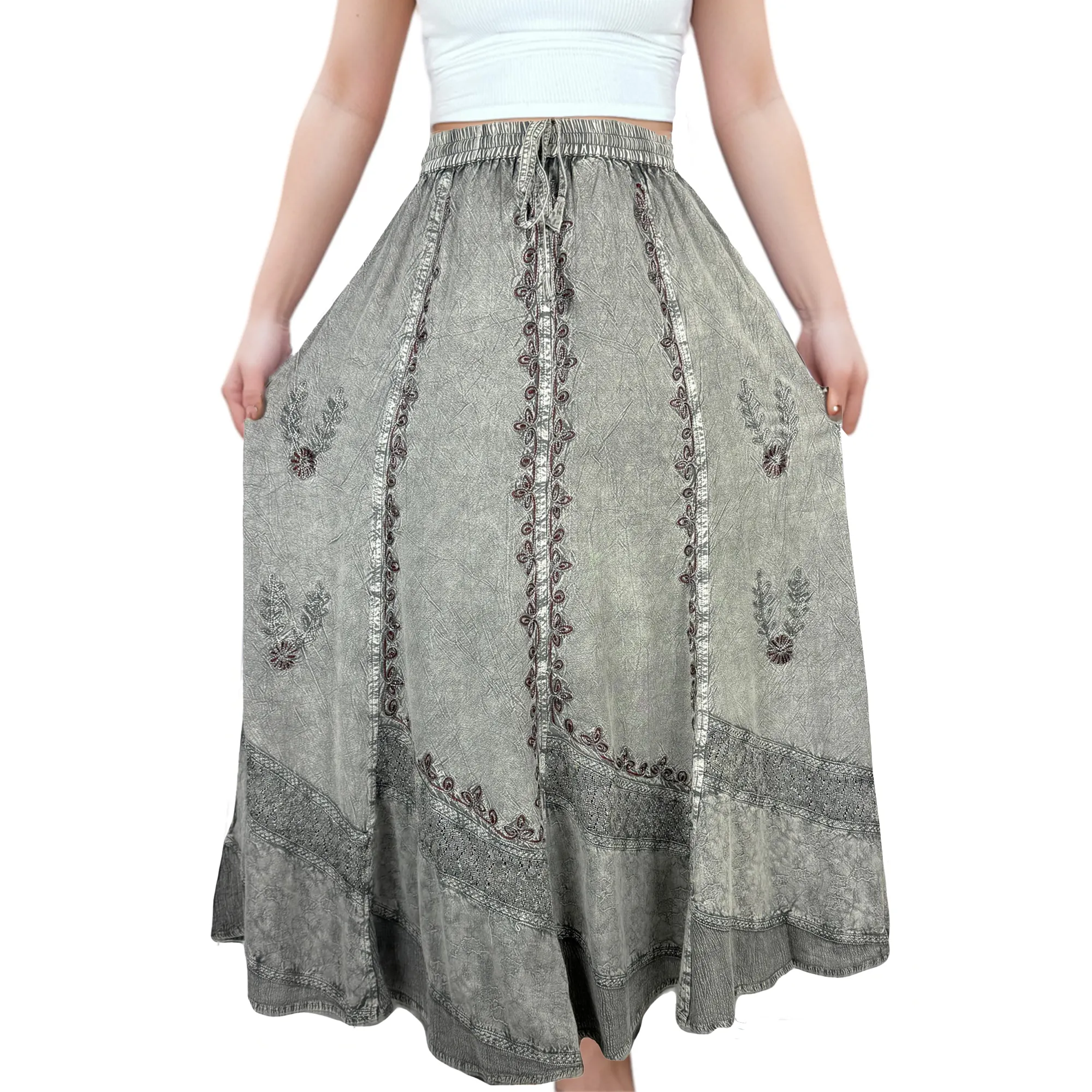 122 Skt Rayon Dazzling Flared Vintage Long Embroidered Net Skirt
