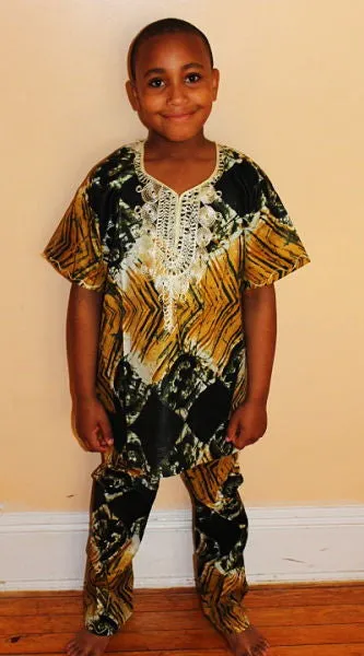 Boys Atade Pant Set - Gold / Green Batik
