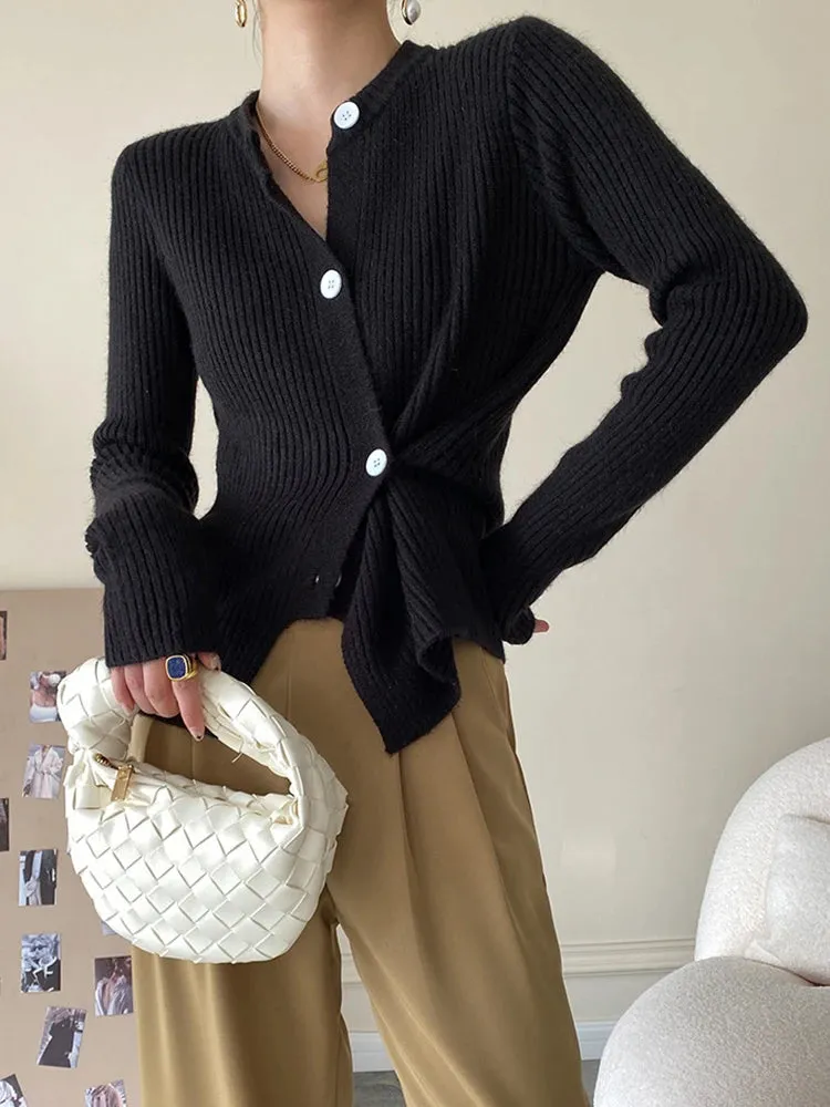 Casual Single Breasted Shirt For Women Round Neck Long Sleeve Solid Minimalist Knitting Blouses Female Clothing