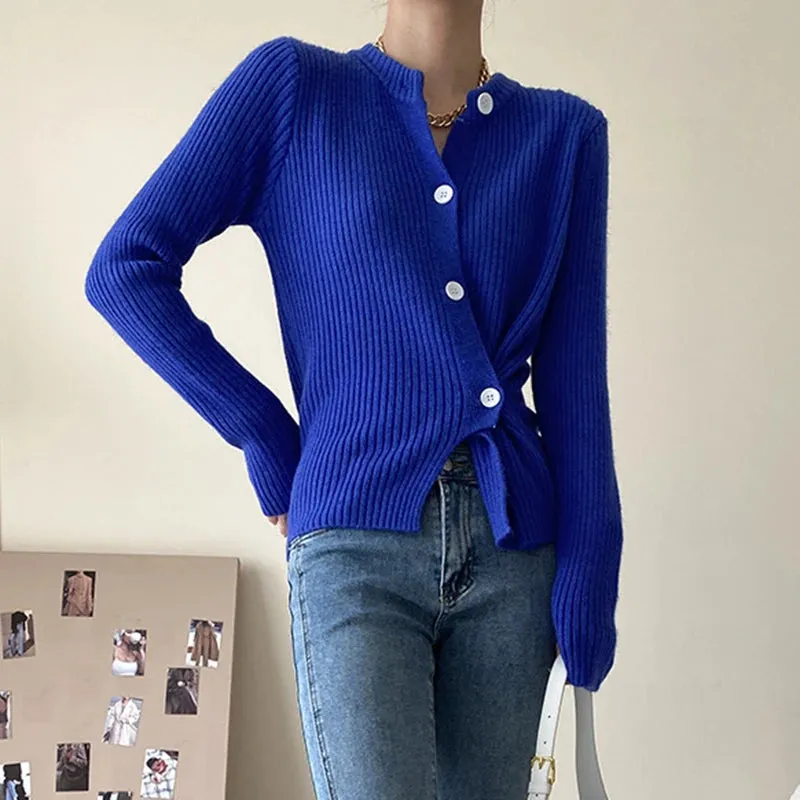 Casual Single Breasted Shirt For Women Round Neck Long Sleeve Solid Minimalist Knitting Blouses Female Clothing