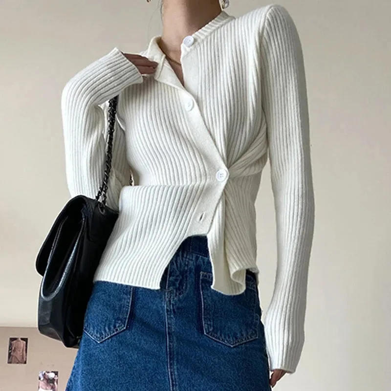 Casual Single Breasted Shirt For Women Round Neck Long Sleeve Solid Minimalist Knitting Blouses Female Clothing