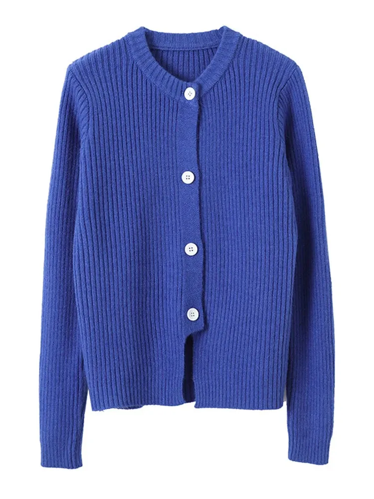 Casual Single Breasted Shirt For Women Round Neck Long Sleeve Solid Minimalist Knitting Blouses Female Clothing