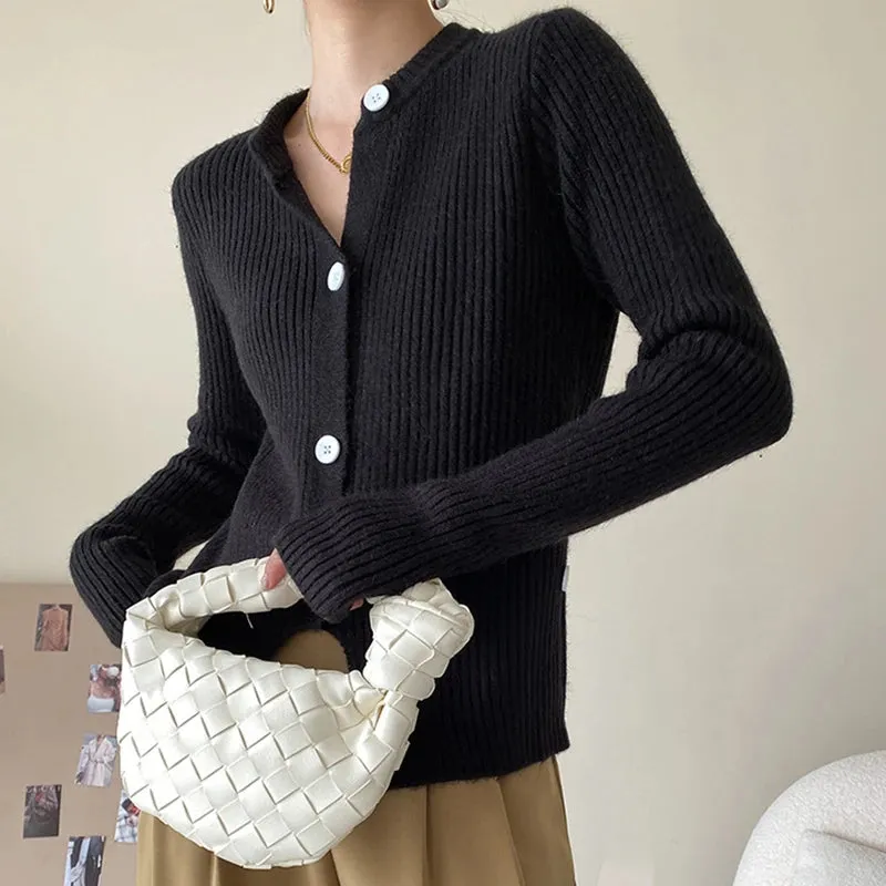 Casual Single Breasted Shirt For Women Round Neck Long Sleeve Solid Minimalist Knitting Blouses Female Clothing