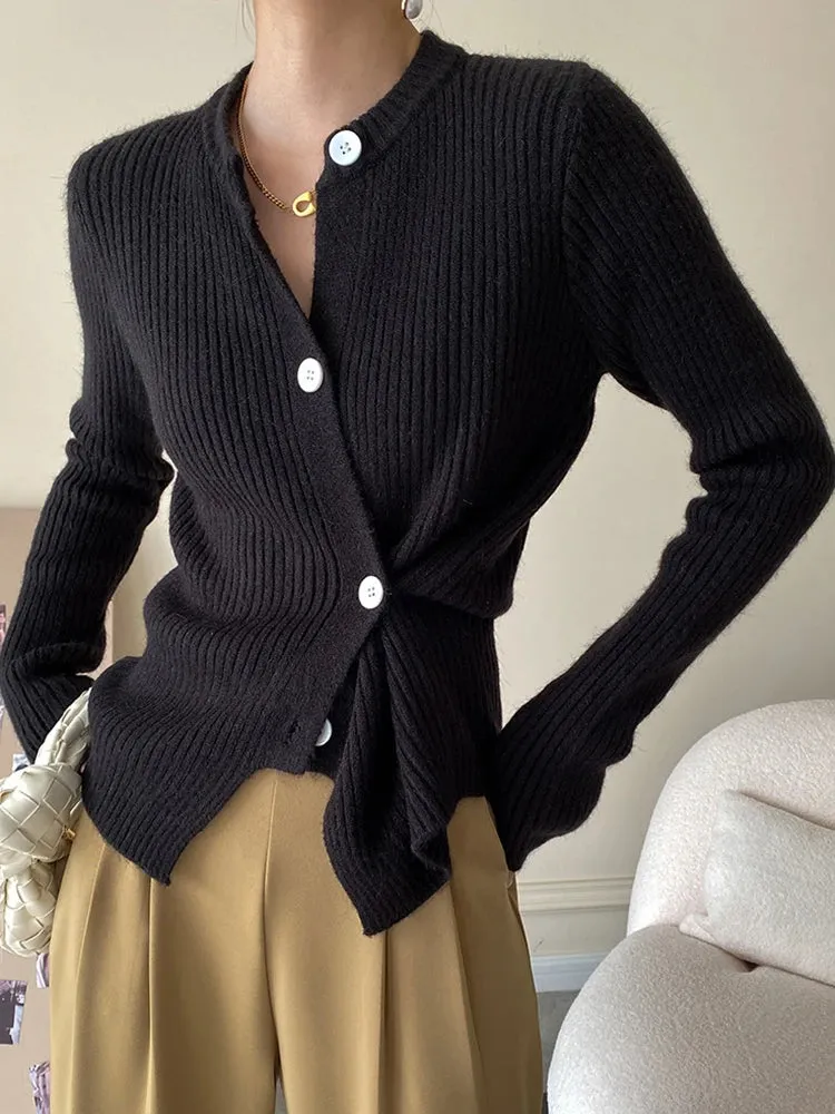 Casual Single Breasted Shirt For Women Round Neck Long Sleeve Solid Minimalist Knitting Blouses Female Clothing