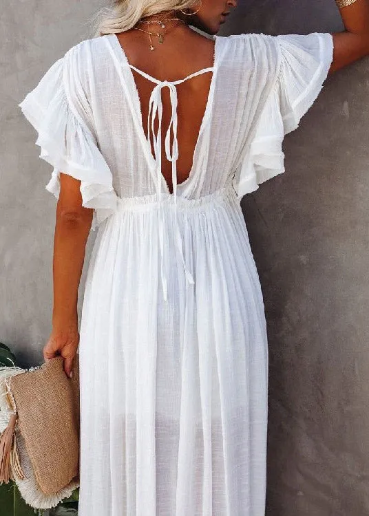 Casual White Pleated Drawstring Party Long Dresses Summer LY3033