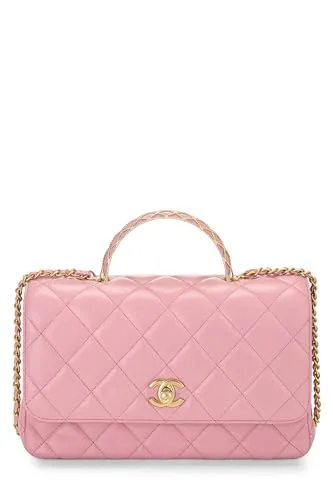 Chanel,  Pink Quilted Lambskin Top Handle Rectangular Flap Small, Pink