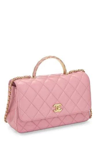 Chanel,  Pink Quilted Lambskin Top Handle Rectangular Flap Small, Pink