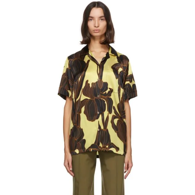 Dries Van Noten Yellow Silk Floral Short Sleeve Shirt