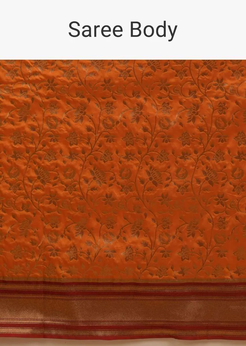Honey Yellow Banarasi Saree In Silk With Brocade Woven Floral Jaal And Maroon Brocade Border Along With Unstitched Blouse Online - Kalki Fashion