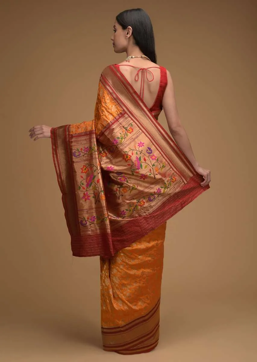 Honey Yellow Banarasi Saree In Silk With Brocade Woven Floral Jaal And Maroon Brocade Border Along With Unstitched Blouse Online - Kalki Fashion