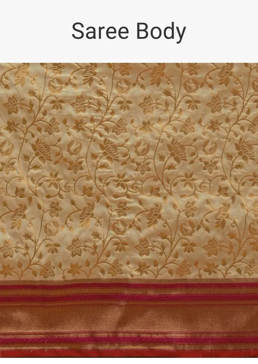 Ivory White Banarasi Saree In Silk With Brocade Woven Floral Jaal And Contrasting Magenta Brocade Border Along With Unstitched Blouse Online - Kalki Fashion