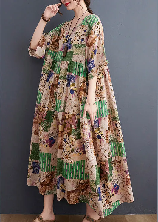 Loose Orange Plaid Wrinkled Print Cotton Maxi Dresses Short Sleeve LY6589