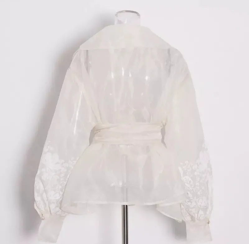 Minimalist Vintage Print Embroidery Shirt Organza For Women