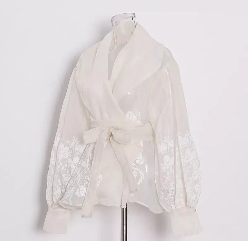 Minimalist Vintage Print Embroidery Shirt Organza For Women