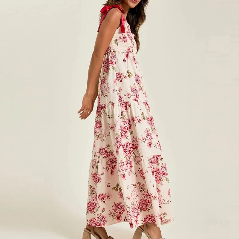 UAKISS  -  French Casual Bow Strap Suspender Beach Dresses Ladies Summer Floral Print V-Neck Party Dress Fashion Women Loose Long Dress