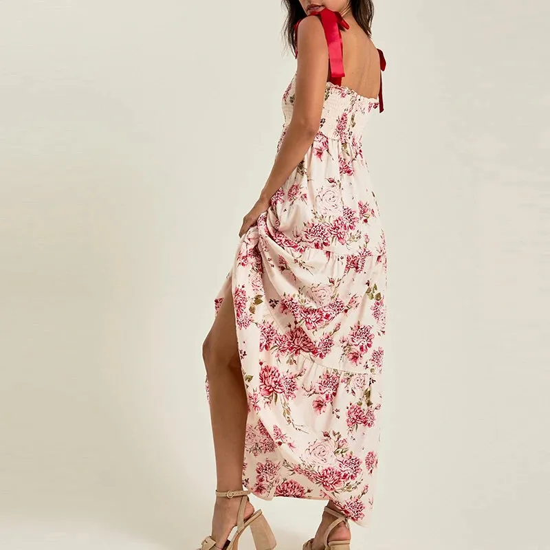 UAKISS  -  French Casual Bow Strap Suspender Beach Dresses Ladies Summer Floral Print V-Neck Party Dress Fashion Women Loose Long Dress