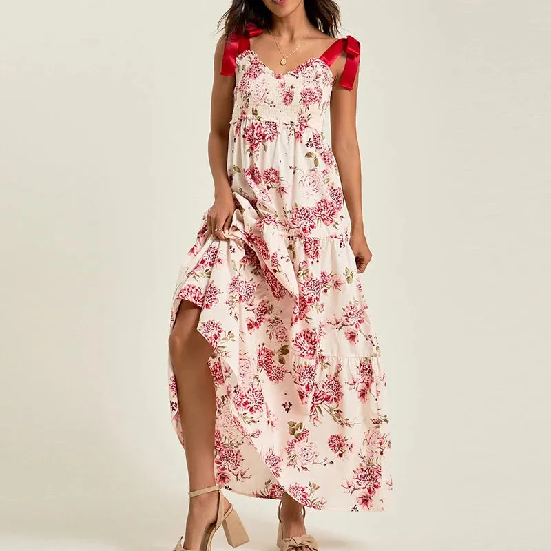 UAKISS  -  French Casual Bow Strap Suspender Beach Dresses Ladies Summer Floral Print V-Neck Party Dress Fashion Women Loose Long Dress